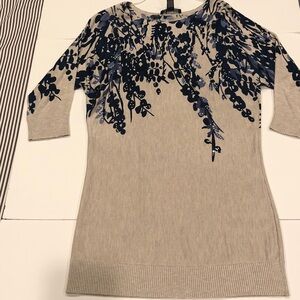 INC International Concepts Beige & Blue Floral Rhinestone  Tunic Sweater Size M